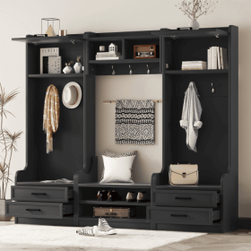 4-in-1 Detachable Hall Tree With Storage And 7 Hooks, Multiple Functions Hallway Coat Rack With Storage Drawers And Cabinet, Black Shoe Bench For (Color: Black)