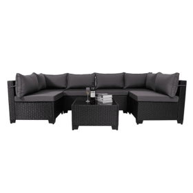 7 Pieces Outdoor Rattan Patio Sectional Set, Black Wicker Furniture Conversation Sets With Washable Cushions & Glass Coffee Table For Garden, Poo (Option: Black Gray)