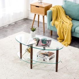Transparent Oval Glass Coffee Table, 3-Layer Oak Leg Modern Living Room Table (Color: Brown)