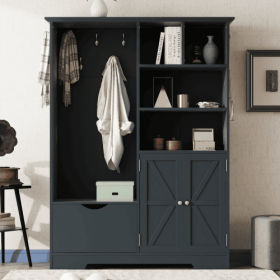 Multi-functional Hall Tree With Storage Shelves Drawers And Cabinet, Elegant Hallway Shoe Cabinet With Bench, Modern Coat Rack With Hooks For Hal (Option: Antique Blue)