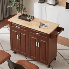 Mobile Kitchen Island Cart With 2 Drawers (Color: Brown)